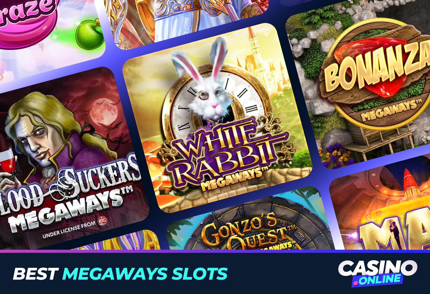 Collage of White Rabbit, Blood Suckers, Bonanza Megaways slots and more; top Megaways slot games, demos and reviews at casino.online.